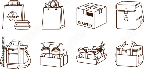 Food delivery service icons carrier bag box container for meals food order restaurant lunch dinner insulated bag courier bag.