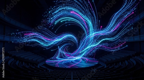 Vibrant abstract wave of light in pink and blue colors creates a dynamic visual effect in a dark theater setting.