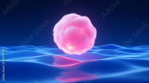 Glowing pink cloud sphere over blue waves