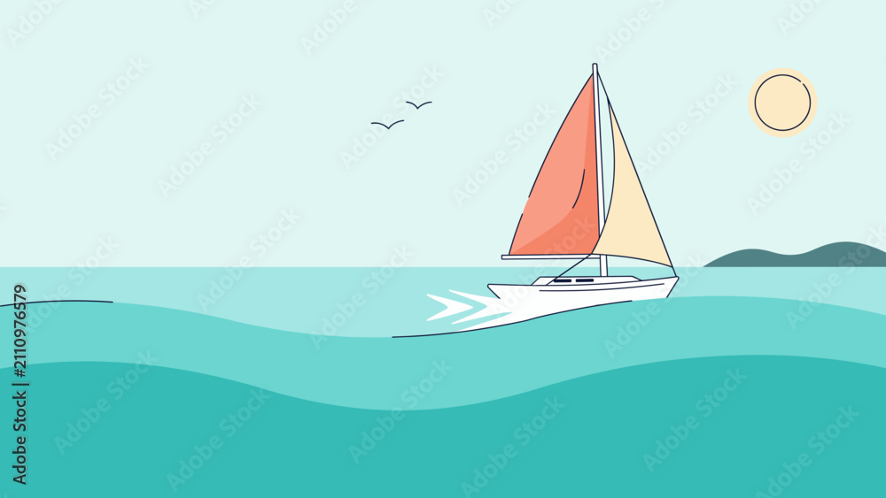 Naklejka premium Modern sailboat gliding on clear ocean water – Suitable for maritime resort branding, cruise travel brochures, or summer vacation graphics.