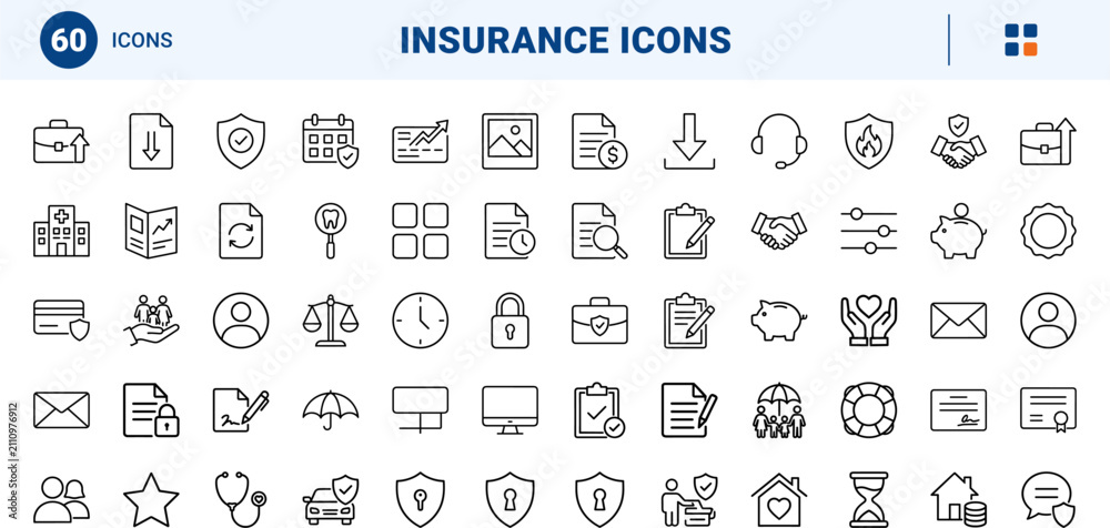 Fototapeta premium Life insurance website line icon set. Vector pictograms of policy, family, protection, and health elements, thin linear illustration.