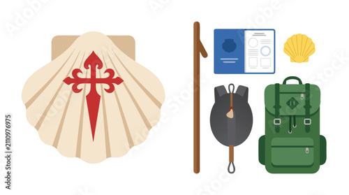 Foto Camino de Santiago pilgrimage symbols and equipment.
