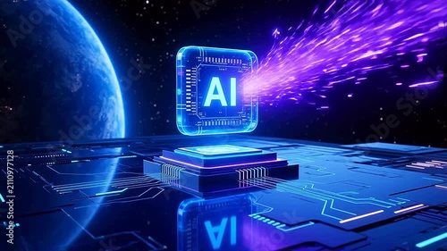 Futuristic blue AI chip floating in space