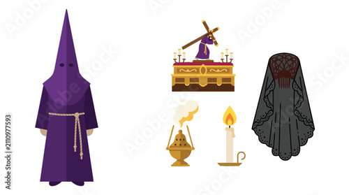 Foto Semana Santa procession elements set nazareno hooded robe, paso float religious, incense burner brass, candle procession, mantilla lace veil