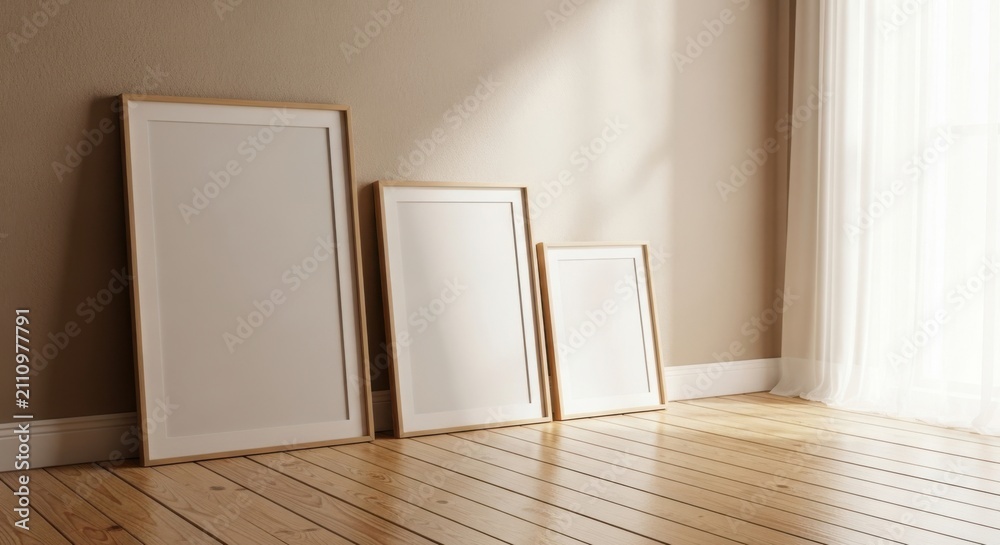 Fototapeta premium Three blank canvases lean against a warm sunlit wall on a wooden floor