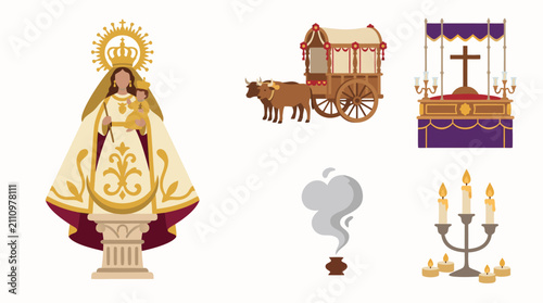 Fotografie Religious icons and symbols of Spanish Holy Week virgen del pilar statue, semana santa paso, romería pilgrimage cart, incense cloud smoke, candle vigil flame
