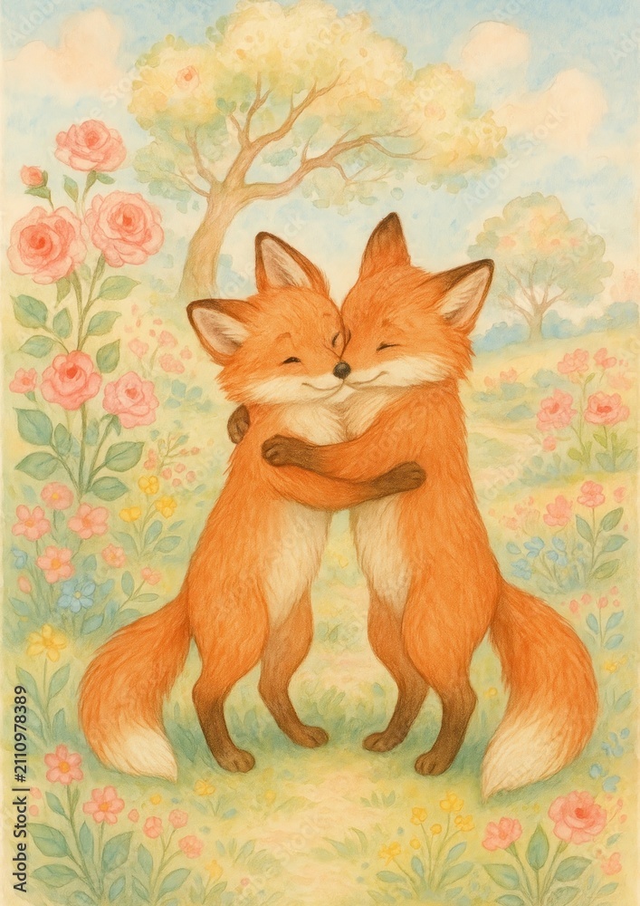 Fototapeta premium Adorable foxes embrace lovingly.