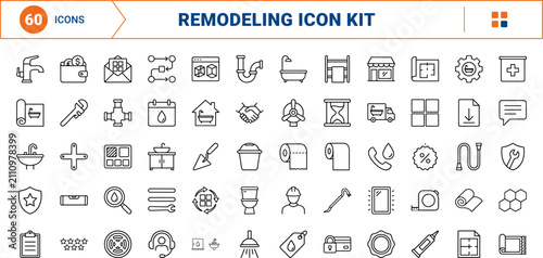 Bathroom renovation line icon set. Vector pictograms of remodeler, contractor, bathtub, and shower elements, thin linear illustration.