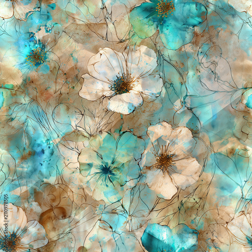 Grunge textured abstract art vector with flower and plants in watercolor ink style