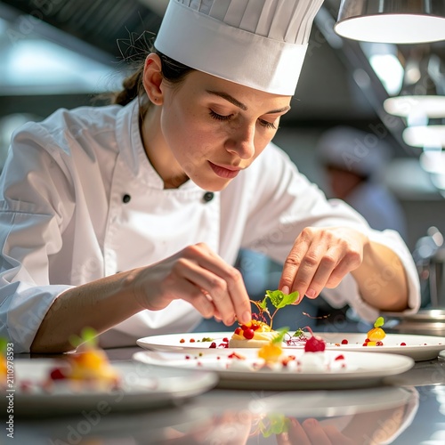Professional Chef Meticulously Garnishing Exquisite Dish in Restaurant Kitchen.