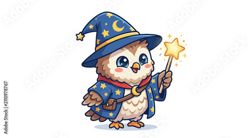 Cute Owl Wizard with Magic Wand and Star