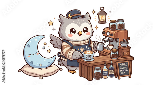 Cute Owl Barista Making Coffee with Moon and Stars