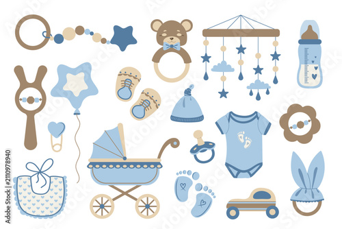 Cute vector baby boy items set. Nursery blue baby shower new born clothes, stroller, bib, milk bottle, pacifier and toys. Hand drawn illustrations gender reveal announcement elements collection.