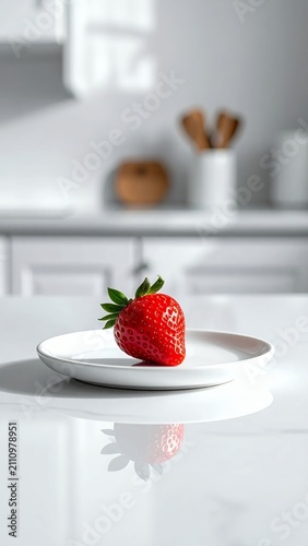 Single Ripe Strawberry on a White Plate in a Bright Kitchen.