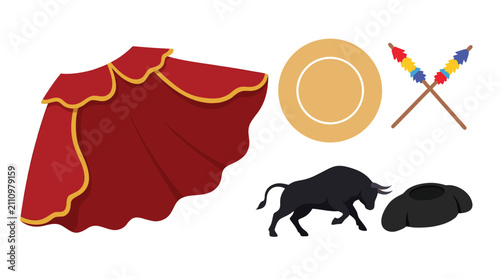 Cuadro en lienzo Bullfighting elements set with cape, bull, and banderillas.