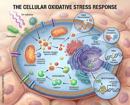 Cellular oxidative stress response diagram showing reactive oxygen species damage and antioxidant defense mechanisms