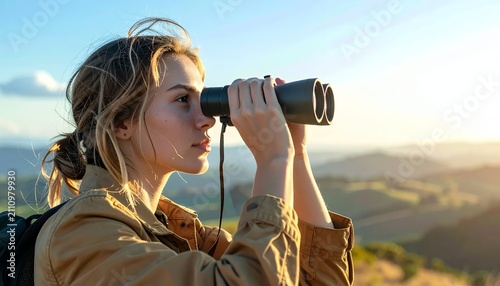 Woman looking through binoculars at a scenic landscape during sunset.