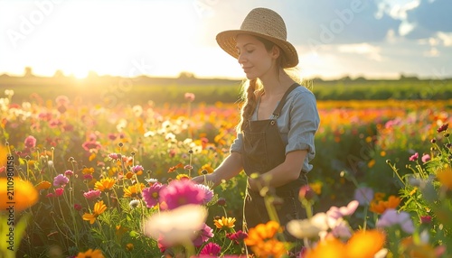 Young Woman Farmer in a Hat Harvesting Flowers in a Vibrant Field at Sunset.