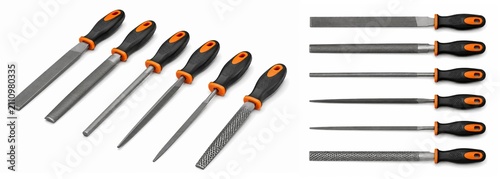 Set of various professional metal and wood files including flat, half-round, round, triangle, needle files and rasp isolated on white background