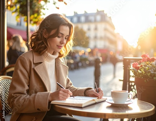 Young Woman Writing in a Notebook at a Parisian Cafe During Golden Hour.