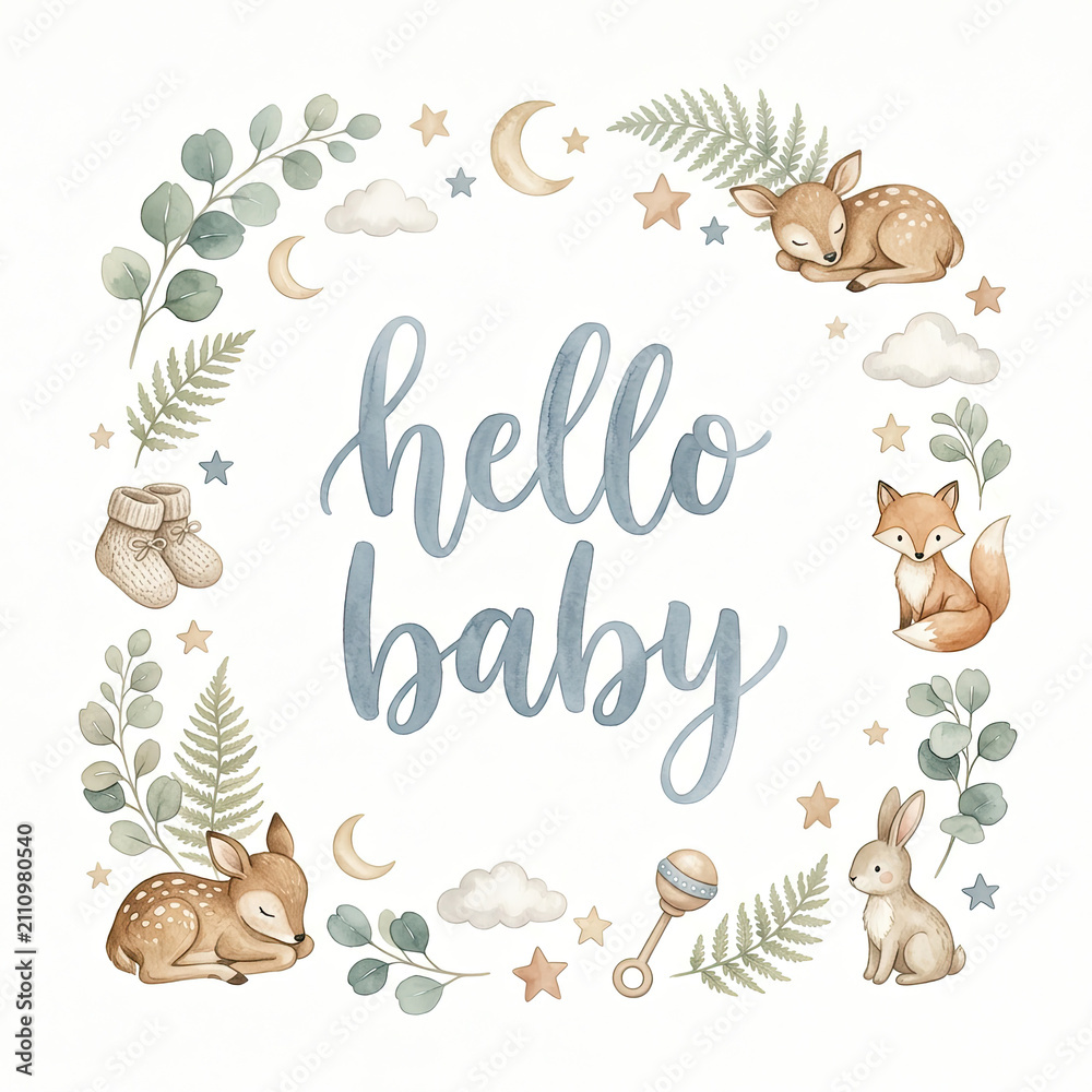 Obraz premium Hello baby. Cute nursery art. Woodland animal print.