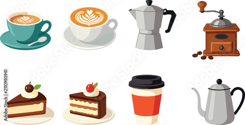 Fotografía Coffee shop vector clipart set featuring cappuccino cup latte art moka pot grind