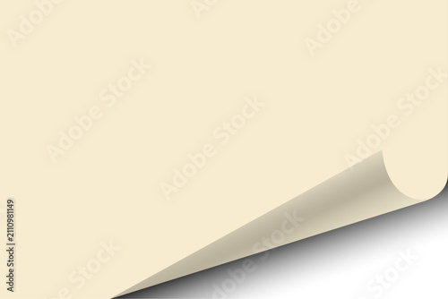 Blank cream paper page with curled peel corner and shadow vector template