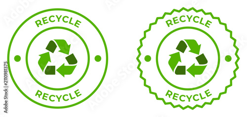 Green recycle badge sticker set with sustainability emblem and arrow icon.