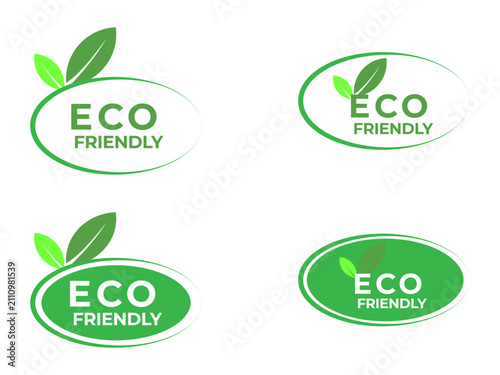 Eco friendly oval green badge set with natural leaf elements.