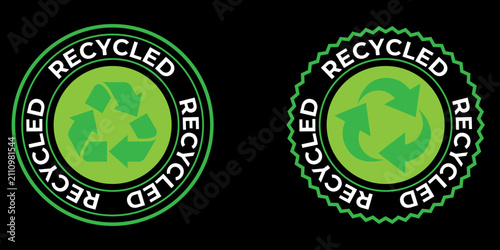 Recycled green and black badge stamp set with circular arrow emblem.