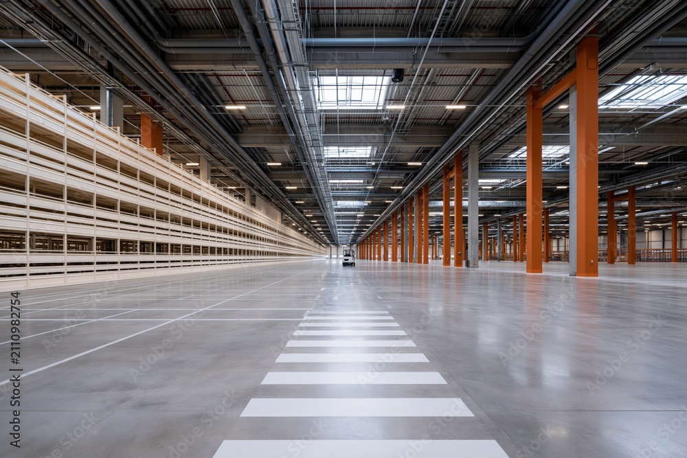 Obraz premium Large empty distribution warehouse with marked pedestrian crossing and tall shelving for logistics background and interior design
