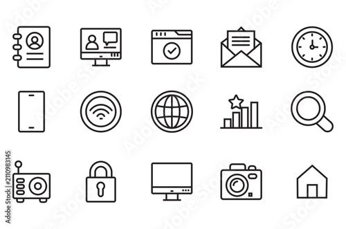 Minimalist business line icons set, 15 professional web and technology vector symbols, black outline digital communication and office interface elements