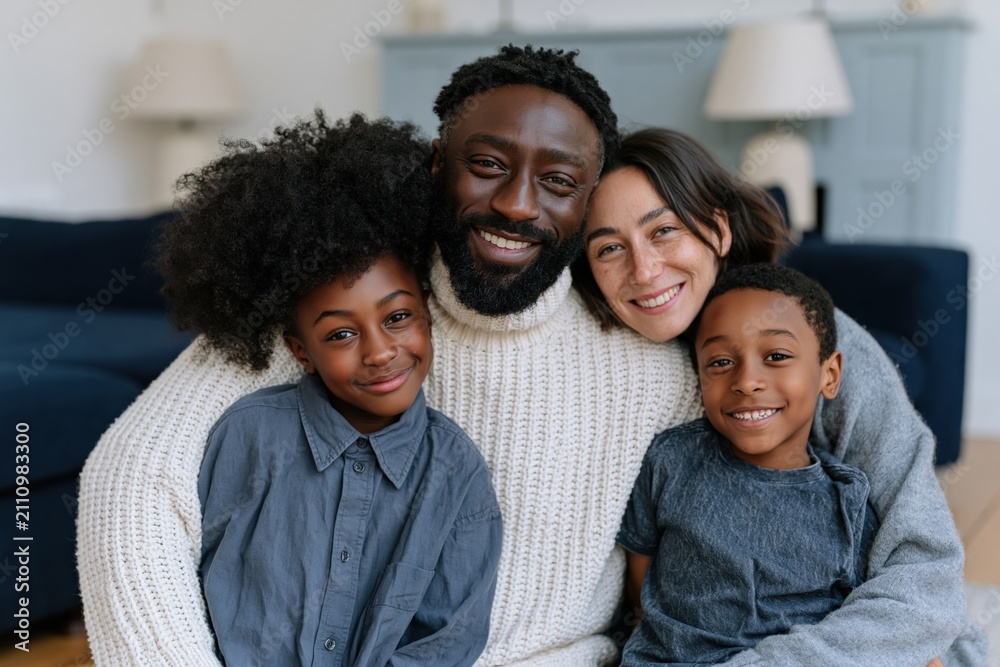 Fototapeta premium Smiling diverse family portrait indoor lifestyle background for family website banner and parenting article