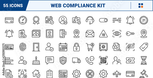 Age verification gate line icon set. Vector pictograms of identity, check, birth, and date elements, thin linear illustration.
