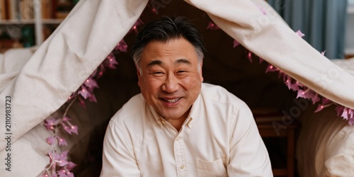 Smiling man inside a cozy fabric tent with warm lights for family lifestyle banner and indoor celebration background