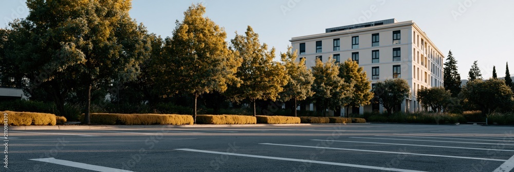Obraz premium Modern apartment building frontage with tree lined parking area and hedges for minimalist landscape background and banner design