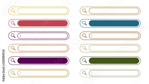 Set of colorful search bar UI elements in various styles including solid, dashed, and dotted lines. Web input fields with magnifying glass icon and cursor isolated on white background.