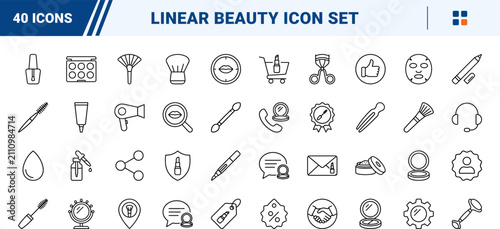 Makeup artist website line icon set. Vector pictograms of beauty, kit, cosmetics, and lipstick elements, thin linear illustration.