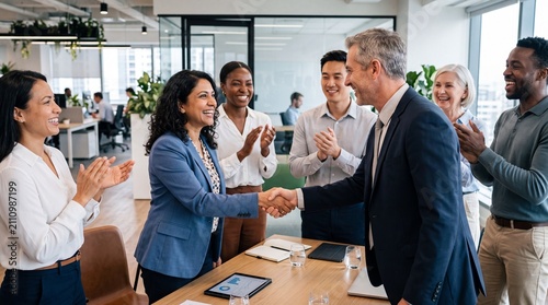 A diverse group of professionals celebrating a successful collaboration with a handshake in a modern office environment.