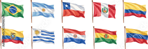 Watercolor flags waving representing South American countries