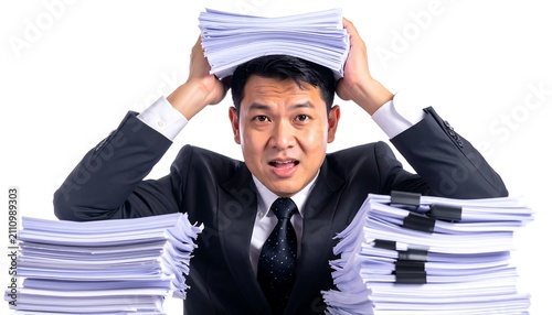 An Asian man in a suit is overwhelmed, holding a stack of papers on his head and looking stressed