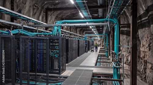 A modern underground data center featuring advanced cooling systems and server rows in a rock tunnel environment.