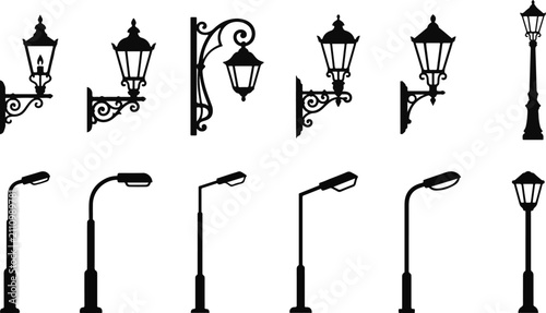 A collection of various street lamp designs including vintage wall mounted lanterns and modern led street lighting poles in black silhouette style