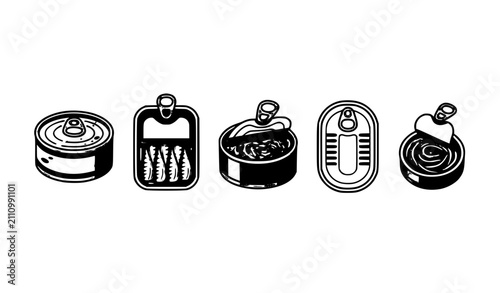 Canned Fish Vector Set with Seven Seafood Tin Can Icons Isolated on White Background