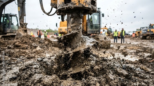 Heavy machinery drilling into muddy ground on a large construction site with workers