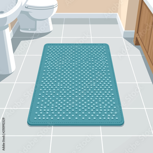 A blue rubber bath mat lies on a tiled bathroom floor