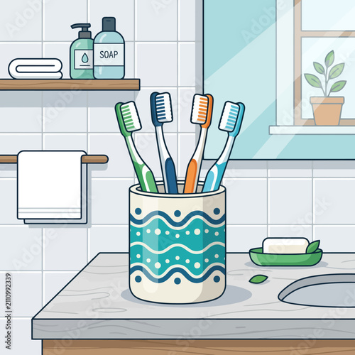 Four colorful toothbrushes stand inside a patterned ceramic cup