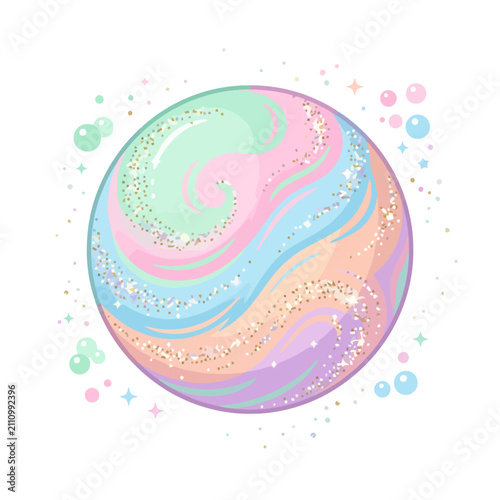 A colorful pastel sphere with sparkling glitter and floating bubbles