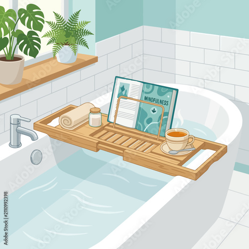 A wooden tray rests across a bathtub with a book and tea