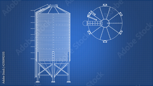 Storage Grain Silo design and engineering - technical drawing blueprint. 3D rendering isolated on blue background. Ideal for professionals, educational, engineering design